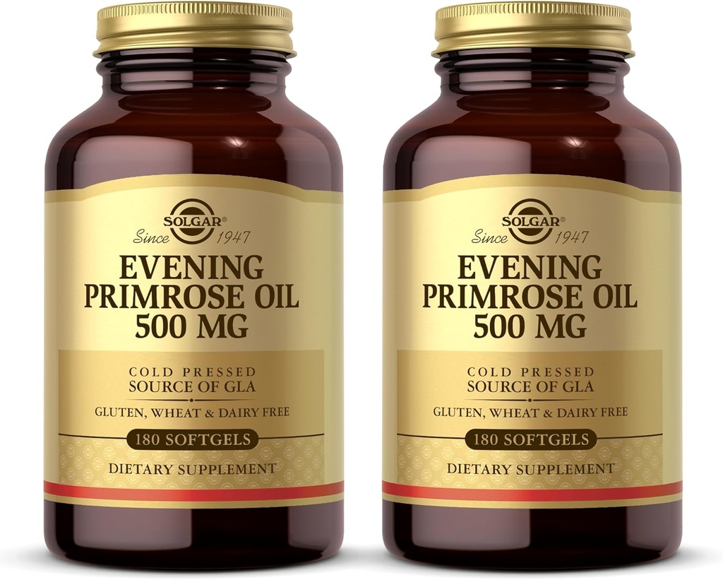 Solgar Evening Primrose Oil 500 mg - 180 Softgels, Pack of 2 - Cold Pressed Source of GLA - Gluten Free, Dairy Free - 360 Total Servings