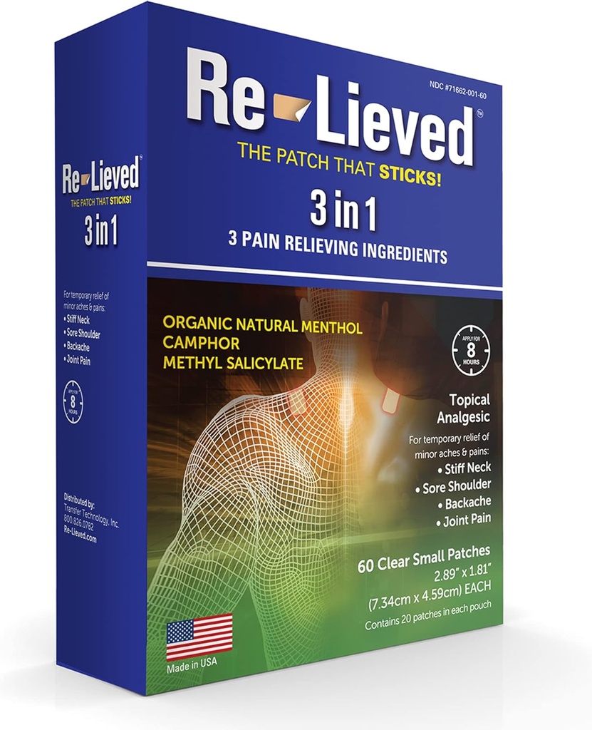 Re-lieved 3-in-1 Patches — Organic Natural Menthol, Camphor and Methyl Salicylate — Superior Sticking Clear Pain Patch — Aluminum-Free, Water Resistant and USA Made — 60 Count