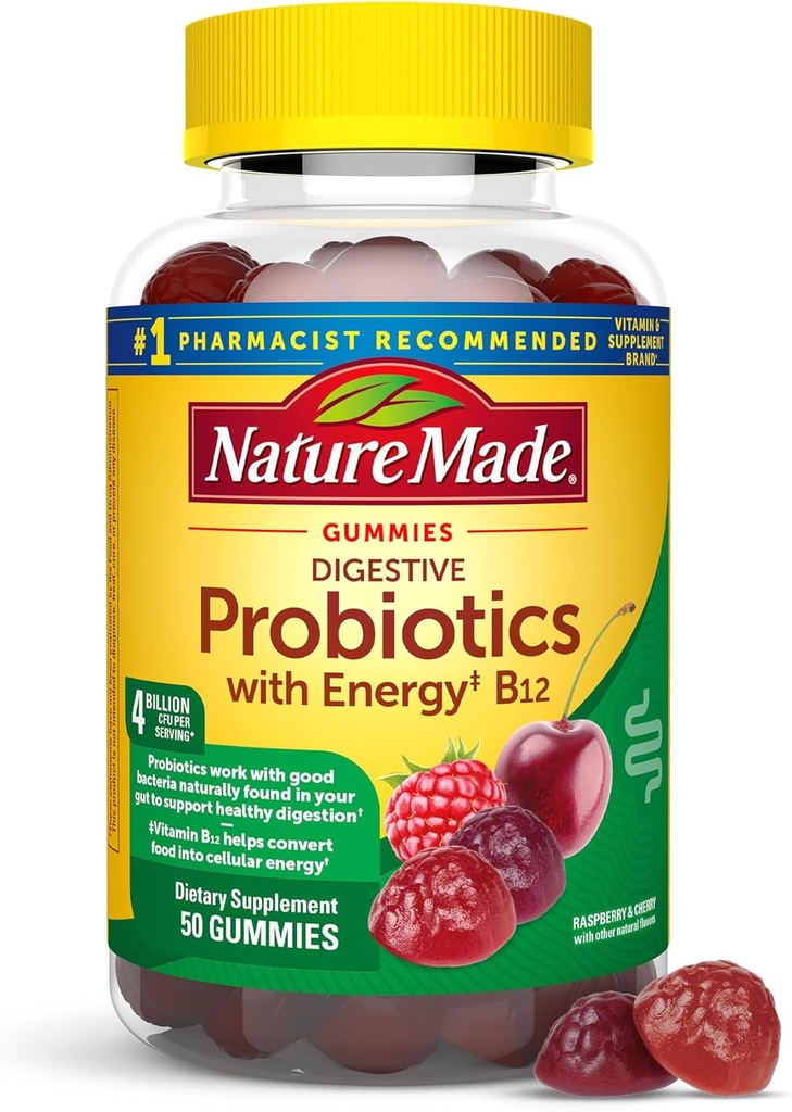Nature Made Digestive Probiotics and Energy B12 Gummies, Probiotics for Women and Men, 50 Probiotic Gummies, 25 Day Supply