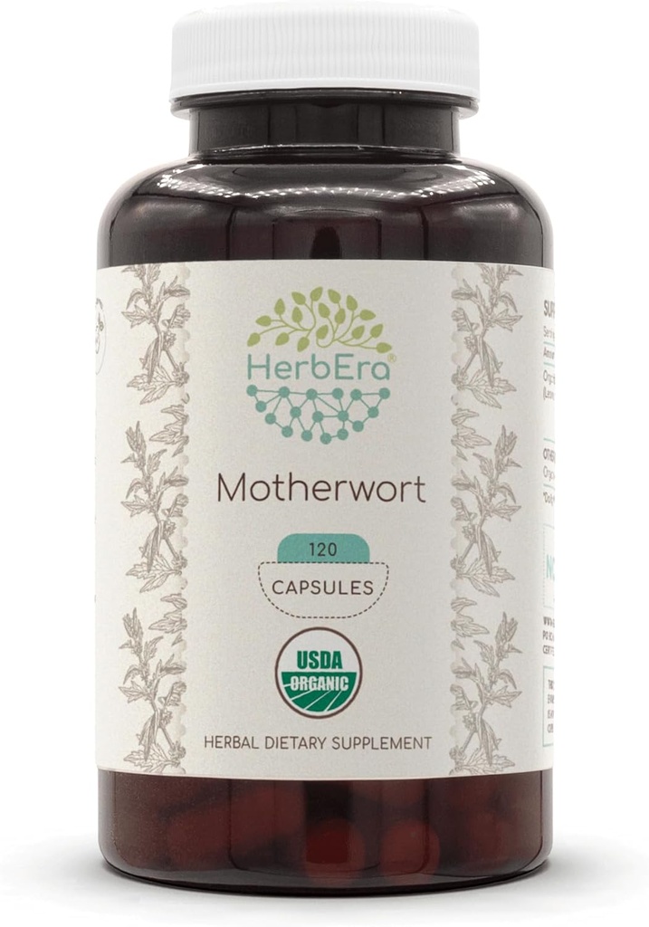 HerbEra Motherwort USDA Organic 120 Capsules | Natural Herbal Supplement | Certified Organic Vegetarian Capsules and Organic Motherwort (Leonurus Cardiaca) Dried Herb (120 Capsules)