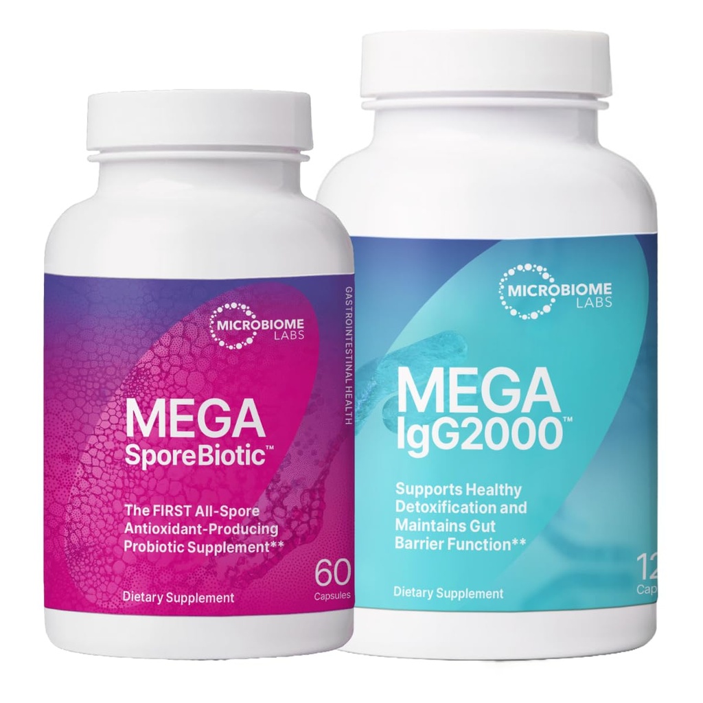 Microbiome Labs MegaSporeBiotic (60 Capsules) + MegaIgG2000 (120 Capsules) Gut and Immune Support Bundle - Spore-Based Probiotic with Dairy-Free Immunoglobulin Concentrate