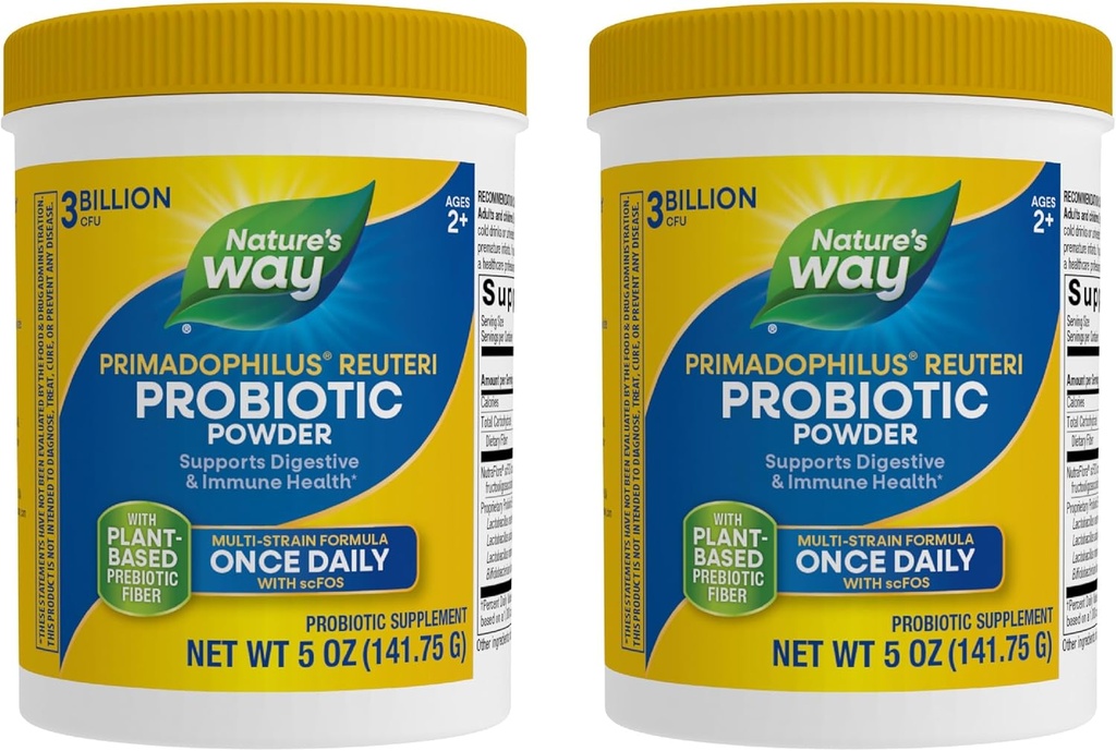 Nature's Way Primadophilus Reuteri Probiotic Powder, Supports Digestive & Immune Health*, Multi-Strain Formula, with Prebiotics, 3 Billion Live Cultures, 5 Oz (Packaging May Vary) - 2 Pack