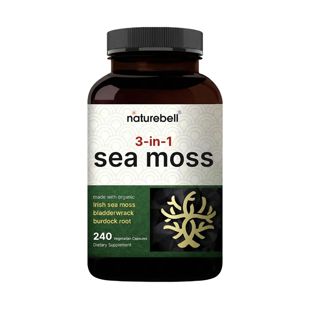 NatureBell 3-in-1 Sea Moss - 240 Vegetarian Capsules - Sea Moss Complex with Organic Bladderwrack & Organic Burdock Root - Healthy Digestion, Vitality & Immune Support*