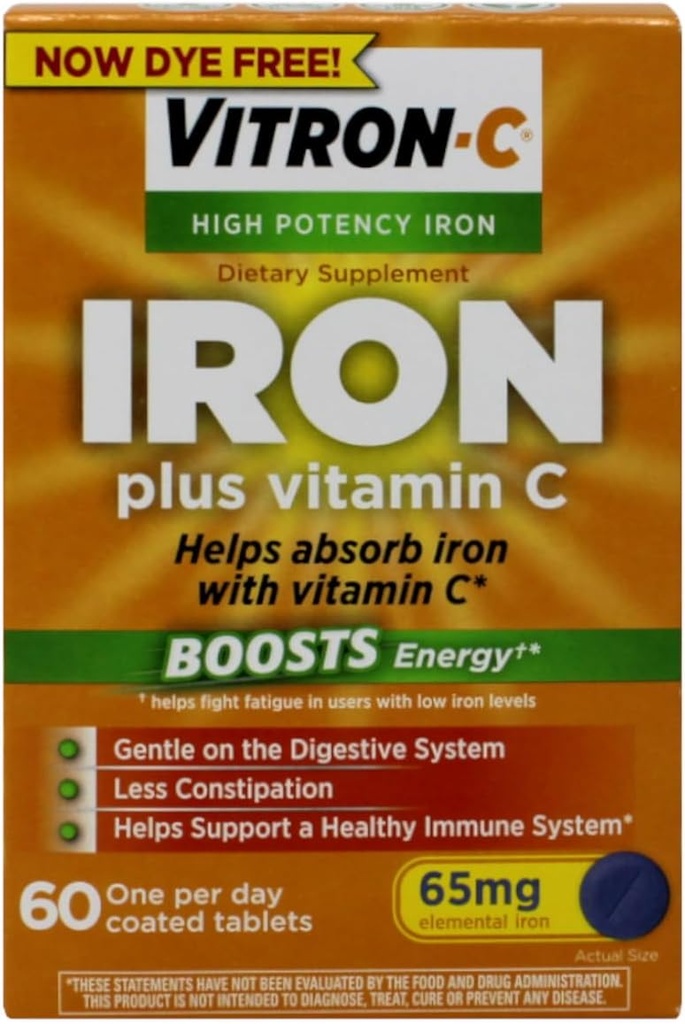Vitron-C High Potency Iron Dietary Supplement – Iron Plus Vitamin C, Boosts Energy, Gentle on The Digestive System, 60 Coated Tablets, 65 mg Elemental Iron