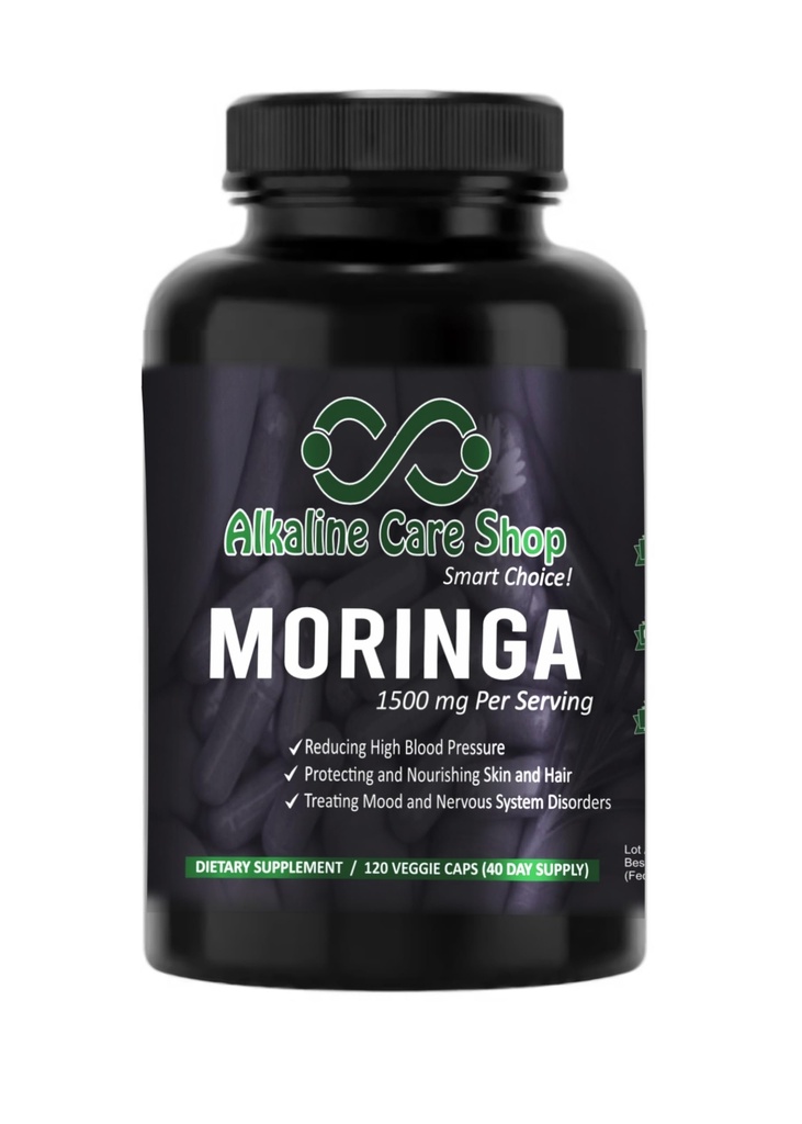 Alkaline Care | Moringa Premium Extract 1500mg | Vitamin C | High Absorption, 100% Natural, Whole Food, Non-GMO Supplement | Reducing high Blood Pressure, Skin Health & Energy (120 Veggie Capsules)