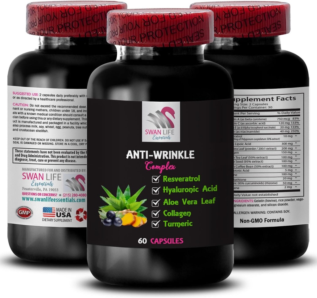 Smooth Complexion - ANTI-WRINKLE COMPLEX - Skin Care Support, Hydration Power, Aloe Vera Benefits, Glycine Support, Age-Defying Blend, Fresh Look, Antioxidant Protection, Firming 1 Bottle 60 Capsules