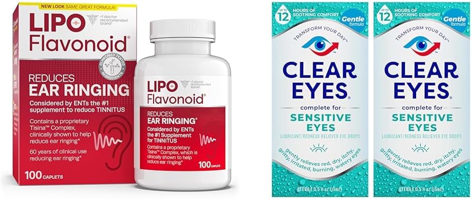 Lipo-Flavonoid Tinnitus Relief Ear Health Vitamins 100 Caplets & Clear Eyes Sensitive Eye Drops 0.5 Oz 2 Pack Bundle