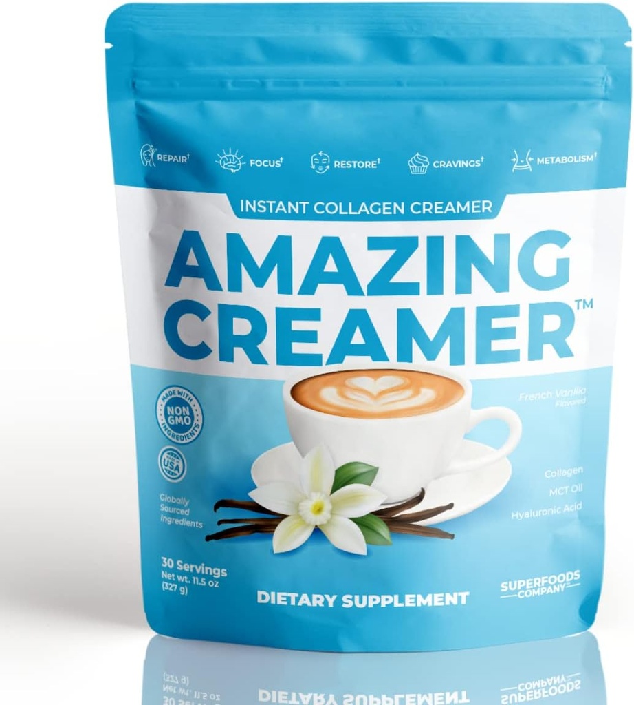 Superfoods Company Amazing Creamer with Collagen - Keto Creamer-Hyaluronic Acid & MCT Oil - Brain Boost & Curbs Cravings - Supports Healthy Skin & Hair - Diet-Friendly [30 Servings] [Vanilla]