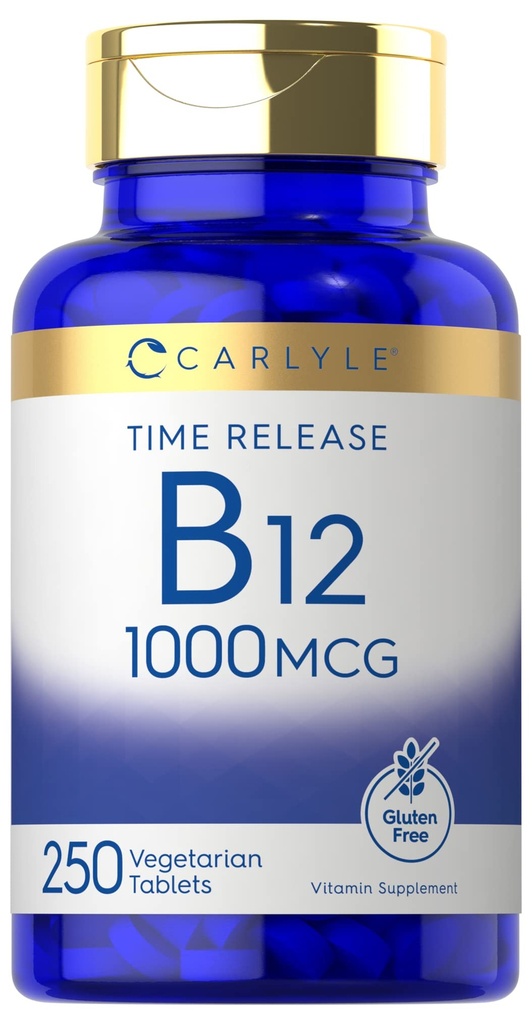 Carlyle B12 Vitamin 1000 mcg | 250 Count | Time Release Tablets | as Cyanocobalamin | Vegetarian, Non-GMO & Gluten Free Supplement