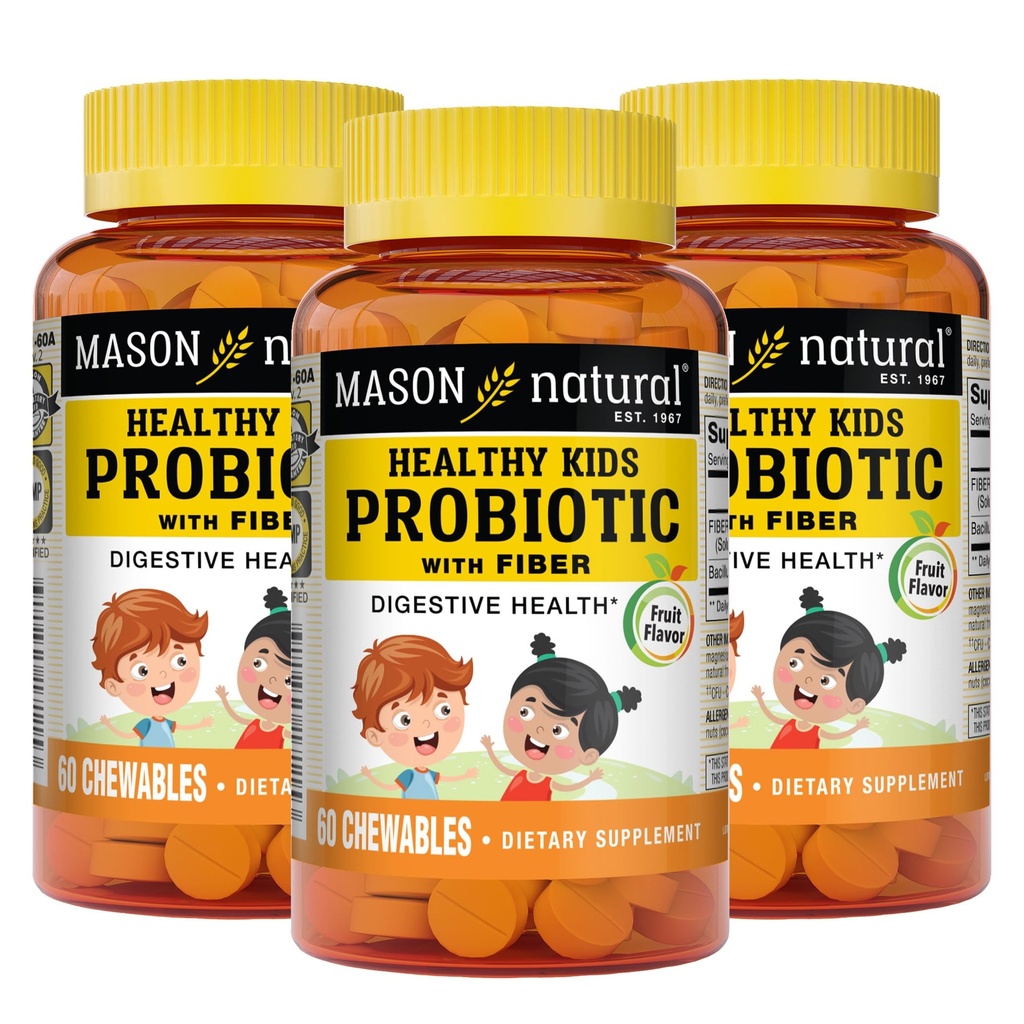 MASON NATURAL Healthy Kids Probiotic with Fiber - Healthy Digestive Function, Improved Gut Health, 60 Chewables (Pack of 3)