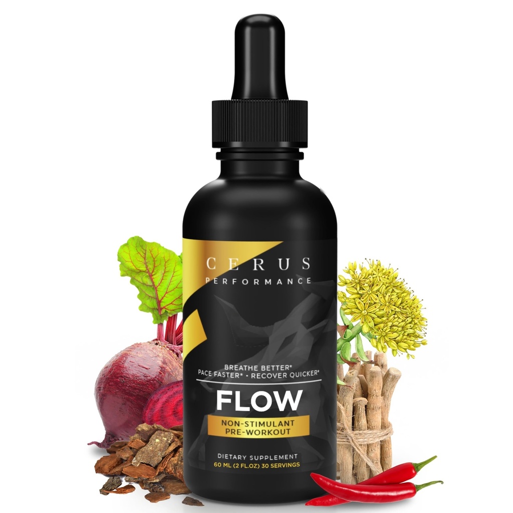 Cerus Performance Flow Stimulant-Free Endurance Pre-Workout – Boosts Stamina, Supports Heart Health with Natural Herbs, Vegan-Friendly - 2 Fl Oz