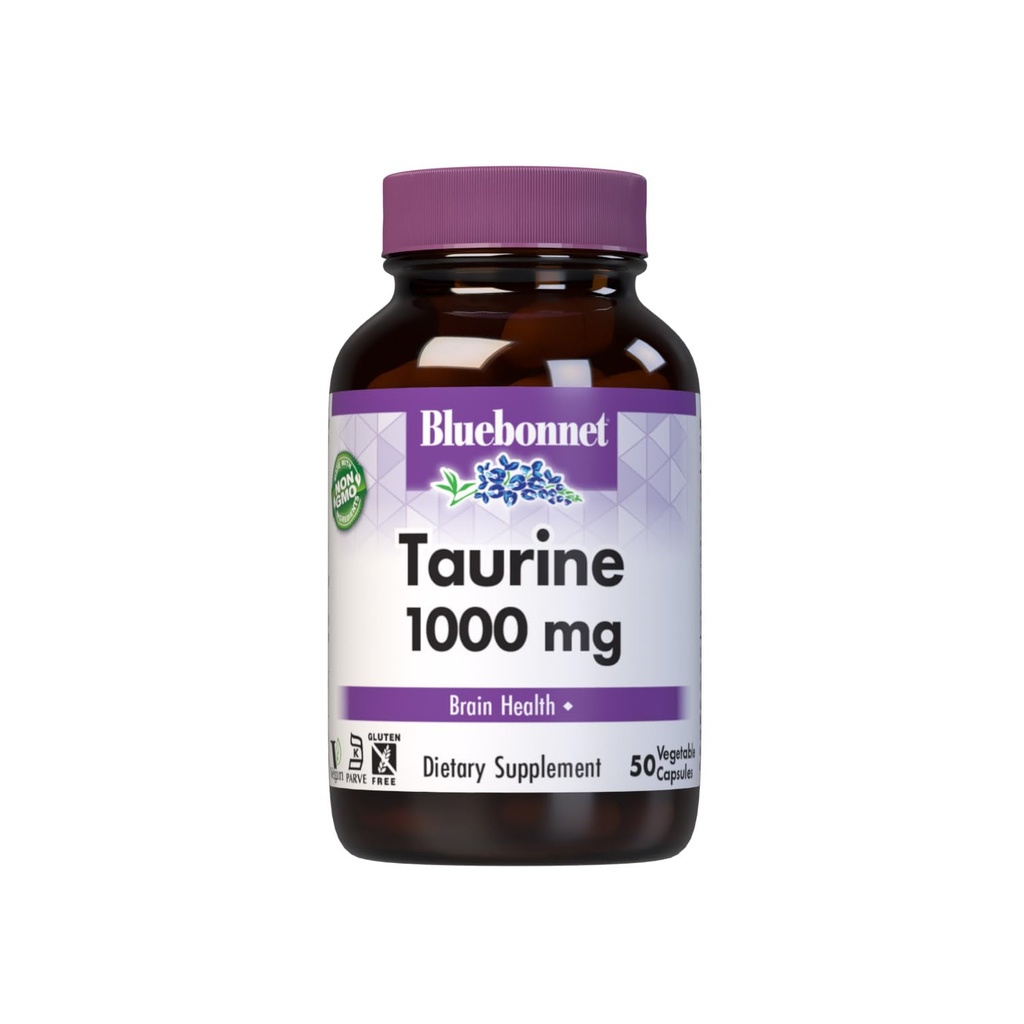 Bluebonnet Nutrition Taurine 1000 mg, Nervous System Health*, Non-GMO, Vegan, Kosher Certified, Gluten-Free, Soy-Free, 50 Vegetable Capsules, 50 Servings