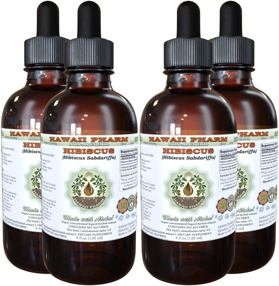 Hibiscus Alcohol-Free Liquid Extract, Organic Hibiscus (Hibiscus Sabdariffa) Dried Flower Glycerite Hawaii Pharm Natural Herbal Supplement 4x4 oz