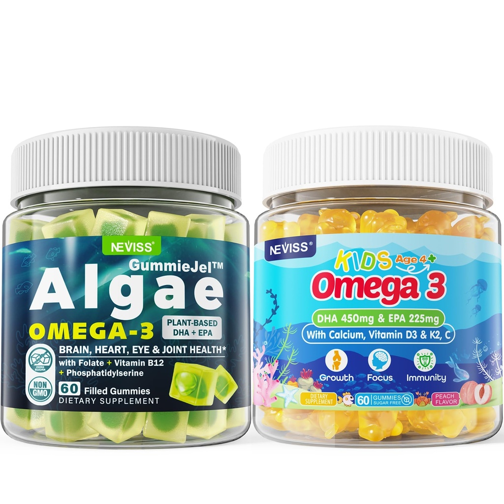 Vegan Omega 3 Gummies 1 Pack + Sugar Free Omega 3 Gummies for Kids 2 Pack