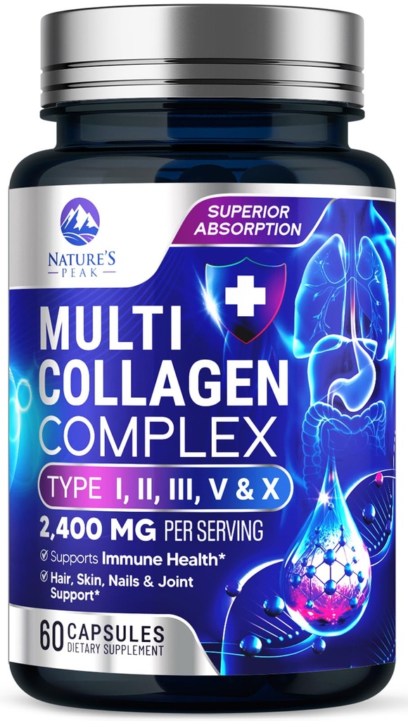 Multi Collagen Peptides Supplement for Hair, Nail, Skin - Type I, II, III, V, X, Collagen Powder Pills - Grass-Fed, Hydrolyzed for Bone and Joint Support for Women & Men, Non-GMO - 60 Capsules