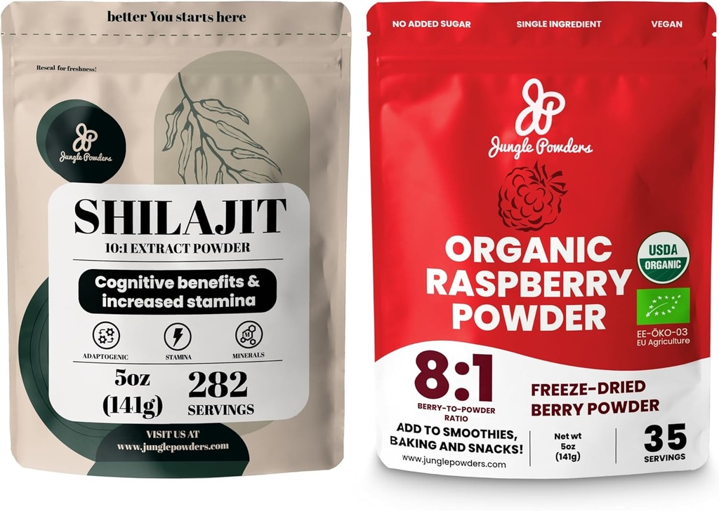 Jungle Powders Superfood Bundle: 5oz Raw Shilajit & 5oz Organic Raspberry Powder Combo - Men's Energy Support, Immune Boost, USDA Certified Freeze-Dried Red Raspberries for Baking, Smoothies