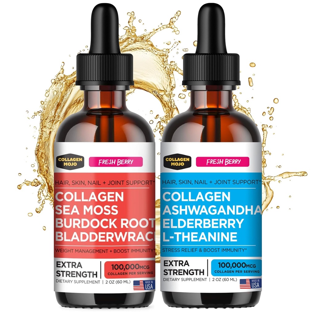 Collagen Mojo Liquid Collagen Peptides with Sea Moss, Burdock Root & Bladderwrack + Liquid Collagen Peptides with Ashwagandha, Elderberry & L-Theanine