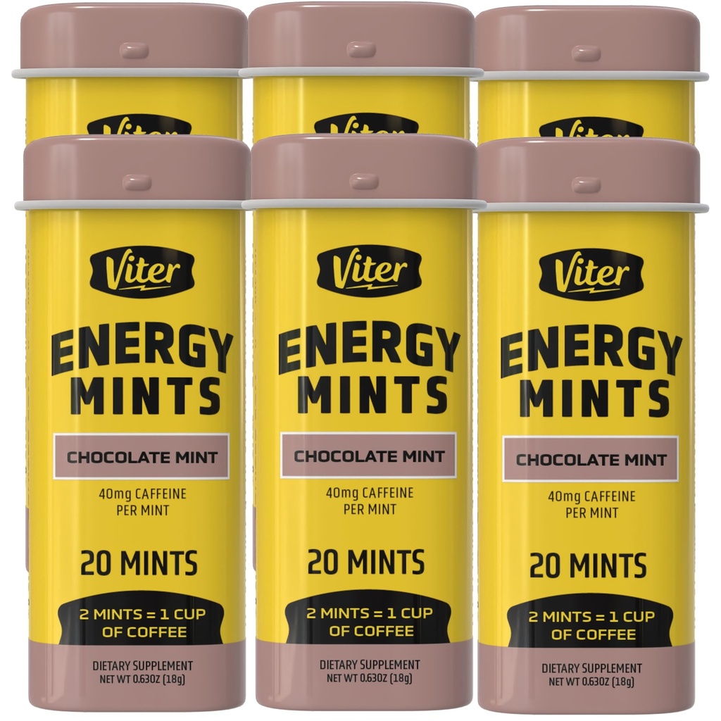 Viter Energy Caffeinated Mints 40mg Caffeine, B Vitamins, Sugar Free. (Chocolate Mint, 20pcs, 6 Pack)