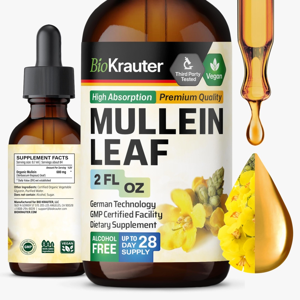 BIO KRAUTER Mullein Leaf Extract for Lungs 2 Fl. Oz - 28 Days of Supply - Pure Mullein Drops for Lung Cleanse & Detox - Vegan Respiratory Supplements - Non-GMO, No Sugar & Alcohol