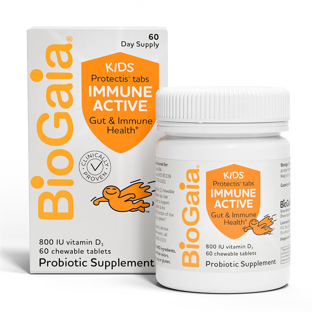 BioGaia Immune Active Kids | Probiotic + Vitamin D | for Digestive & Immune Health | Ages 3+ | Allergen, Dairy, Soy & Gluten Free | Trusted By Pediatricians | 60 Day Supply | Orange Flavored Chewable