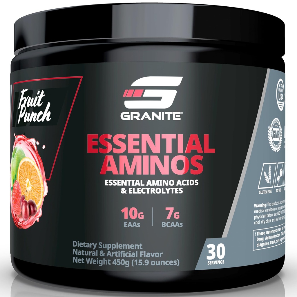 Granite Essential Amino Acids Powder for Muscle Recovery and Growth with 10g EAAs and 7g BCAAs - Soy-Free, Gluten-Free, 448g (30 Servings), Fruit Punch Flavor