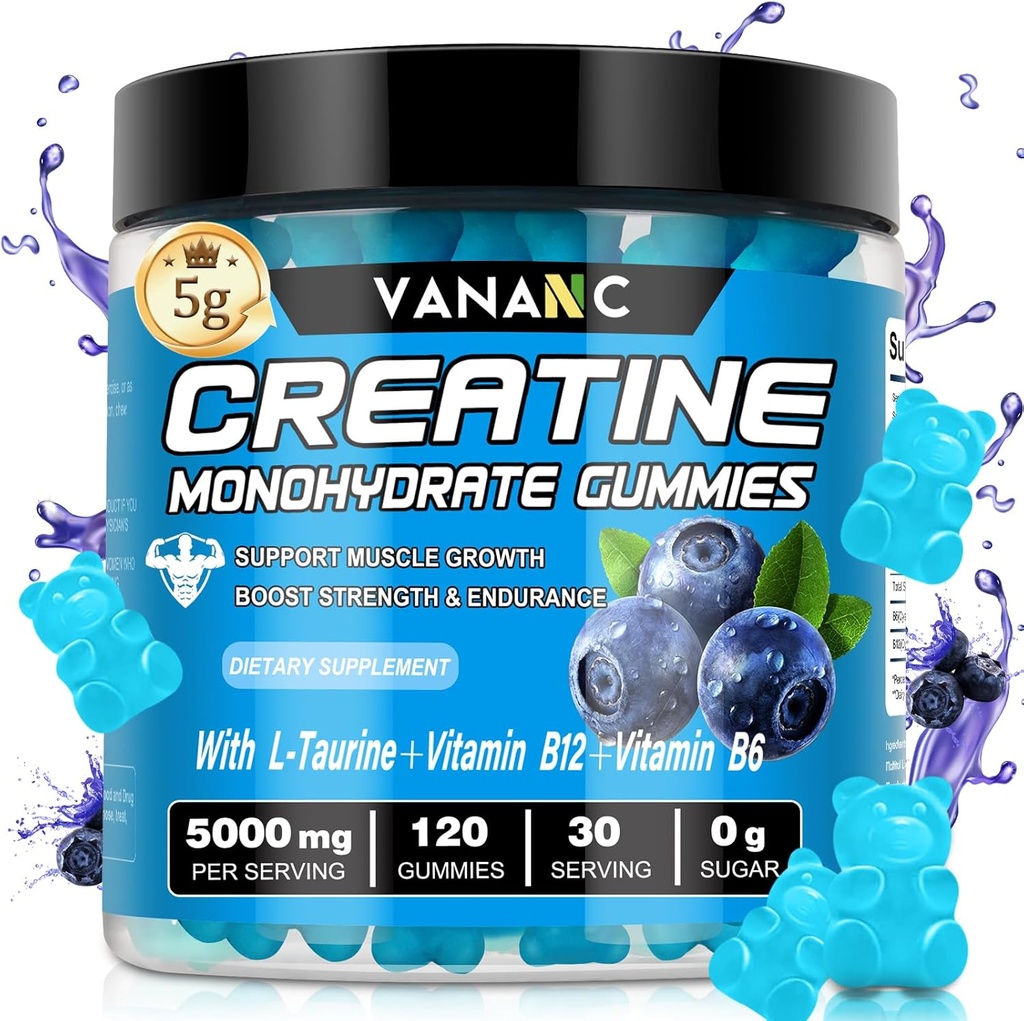 Creatine Monohydrate Gummies 5000 mg for Men & Women, Sugar Free,Low in Calories,with L-Taurine + Vitamins for Increasing Muscle Strength