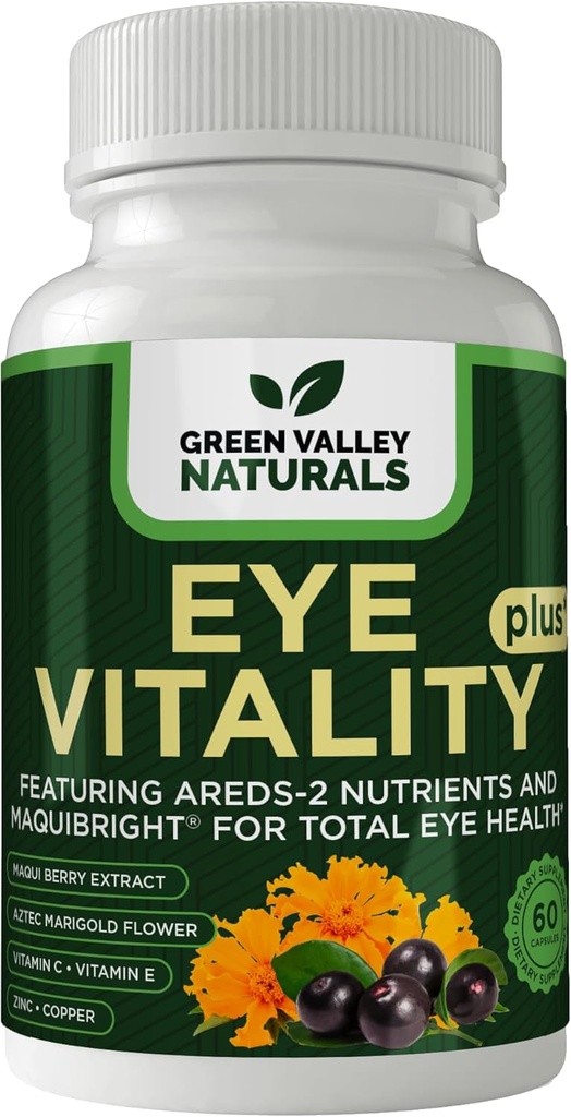 GREEN VALLEY NATURALS Eye Vitality Plus Supplement, with Areds-2 Nutrients, Maquibright, Marigold Flower, Vitamins C & E, Zinc, Copper, 60 Capsules (1)