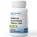 Puregen Labs Ferrous Gluconate 324 mg High Potency Iron, 100 Tablets