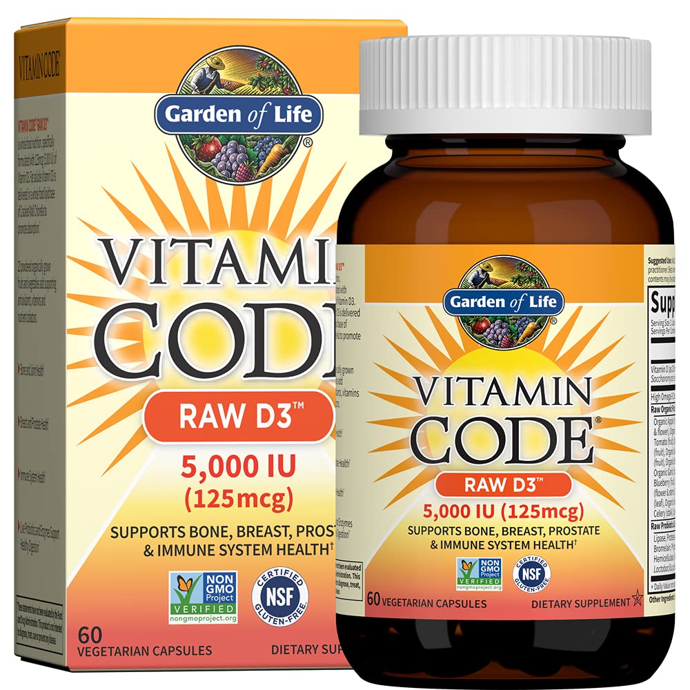 Garden of Life Vitamin D3 5000 IU, Raw Whole Food Supplements with Chlorella, Fruit, Veggies & Probiotics for Bone & Immune Health, 60 Vegetarian Capsules