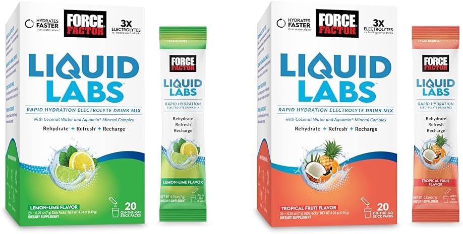 Bundle of FORCE FACTOR Liquid Labs Electrolytes Powder, Hydration Packets to Make Electrolyte Water with Vitamins, Minerals, and Antioxidants. Lemon-Lime Flavor + Tropical Fruit Flavor, 40 Stick Packs