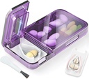 Pill Cutter Splitter for Small or Tiny Pills. 2-in-1 Travel Pill Box & Pill Splitter - Large Capacity 4 Compartments Pill Organizer - Detachable Nonslip V-Shaped Pad. Wrap-Around Blade Guard (Purple)