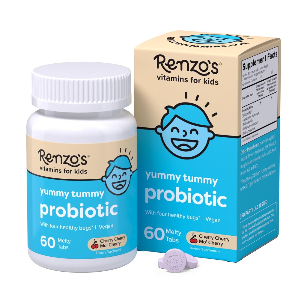 Renzo's Kids Probiotic, Dissolvable Probiotics for Digestive Health & Immune Support, 60 Cherry-Flavored Melty Tabs