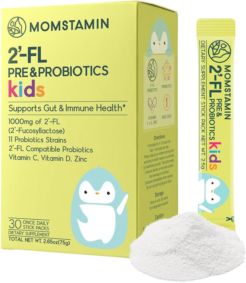 MOMSTAMIN 2'-FL Pre & Probiotics for Kids(4+) : Gut Health | Immune Support | Digestive Supplement Enhance Cognitive Ability & Sleep Quality Vitamin C, D Zinc/Yogurt Flavored 30 Sticks - Daily