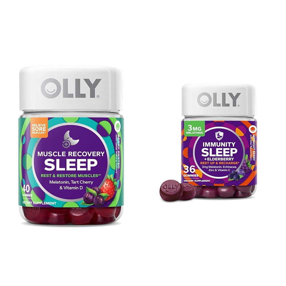 OLLY Muscle Recovery Sleep Gummies, 40 Count Immunity Sleep Melatonin Gummy, 36 Count Bundle