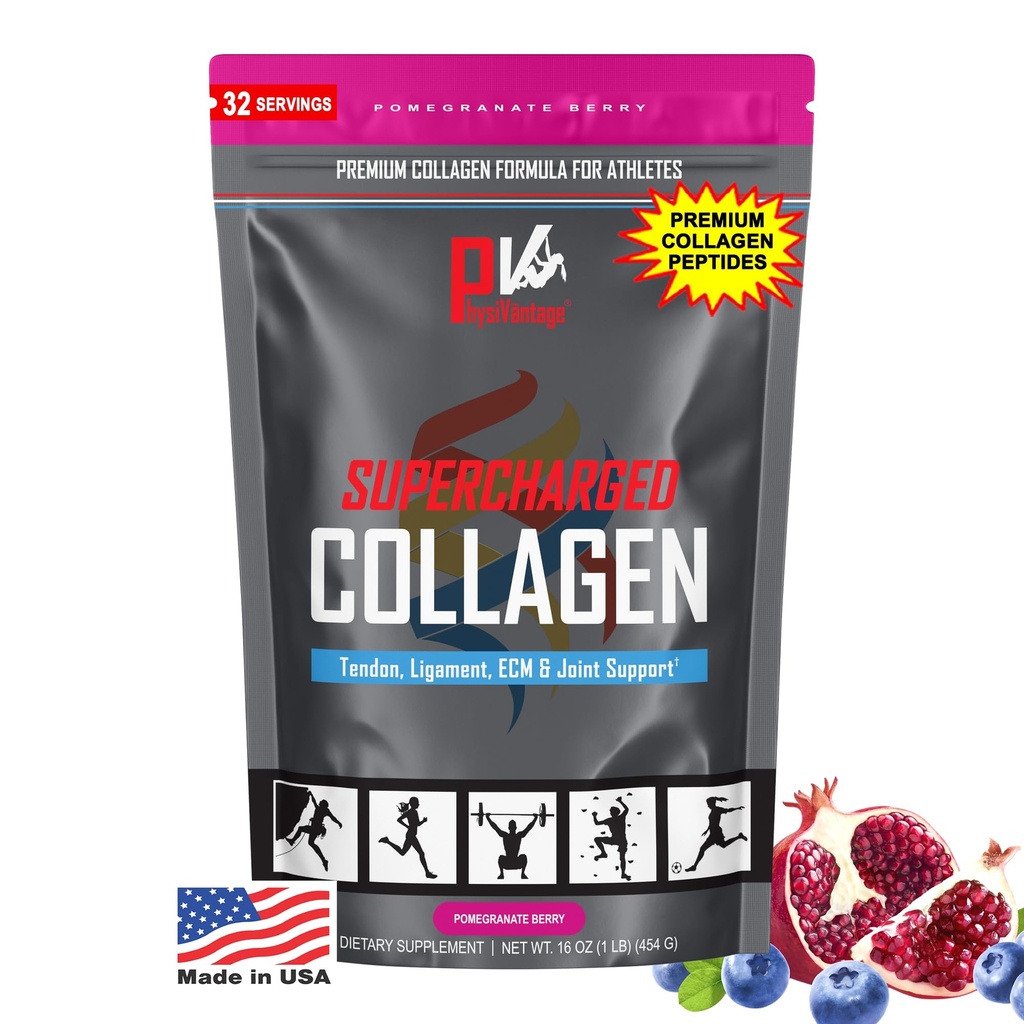 PhysiVantage Supercharged Collagen Peptides Powder - Hydrolyzed Collagen for Joint, Tendon, Ligament, & Skin Health Support - Pomegranate, Keto, Paleo, 16oz | Enhanced with Vitamin C, BCAAs, Grass-Fed