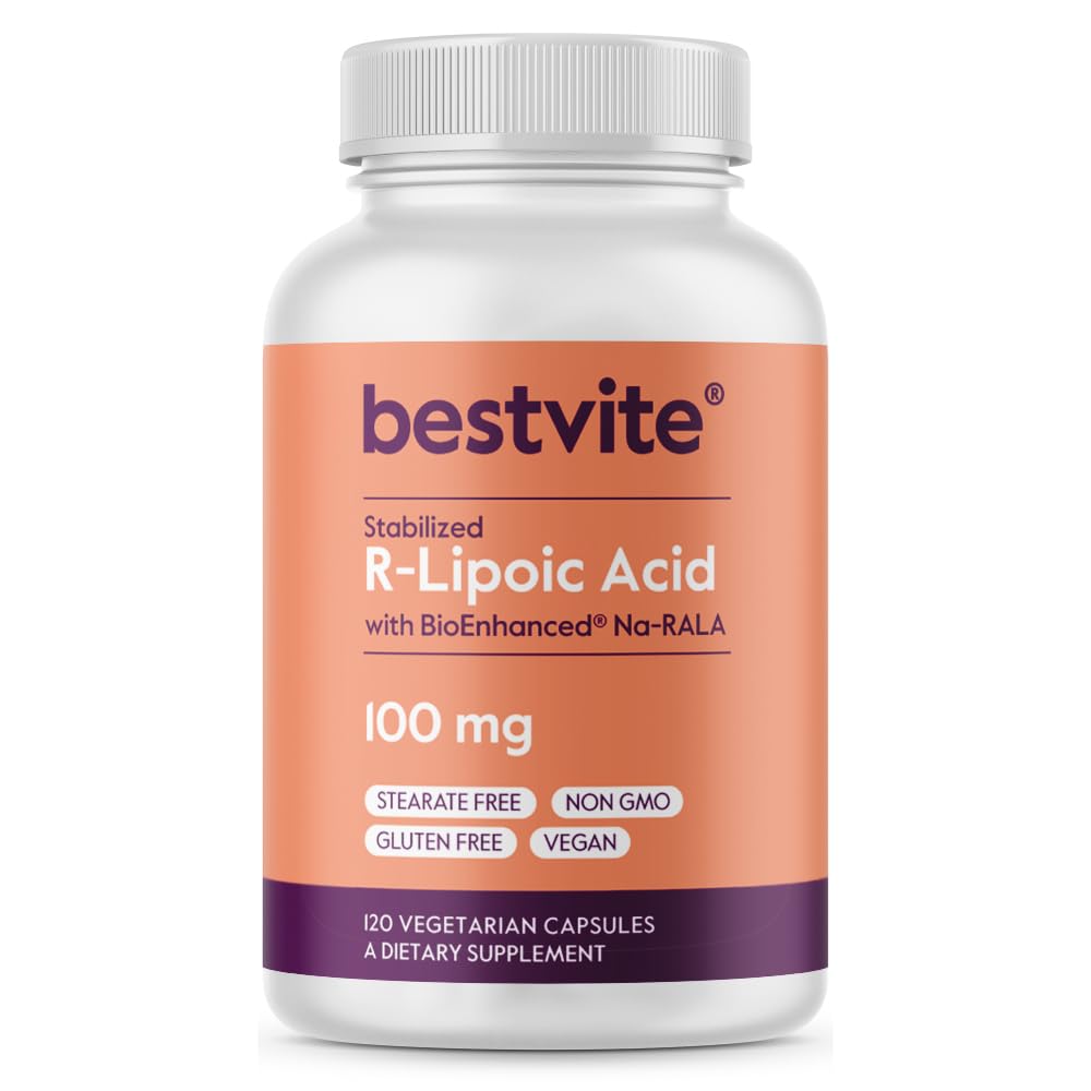BESTVITE R-Lipoic Acid 100mg Stabilized with Bio-Enhanced® Na-RLA (120 Vegetarian Capsules) No Stearates - No Flow Agents - Vegan - Non-GMO - Gluten Free