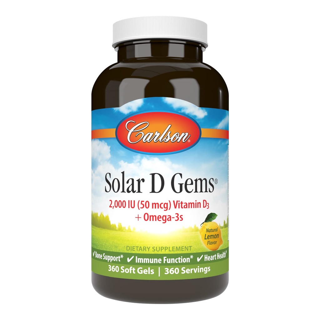 Carlson - Solar D Gems, Vitamin D3 and Omega-3 Supplement, 2000 IU (50 mcg) Vitamin D3, 115 mg Omega-3s EPA and DHA Supplement, Wild Caught, Sustainably Sourced, Lemon, 360 Softgels