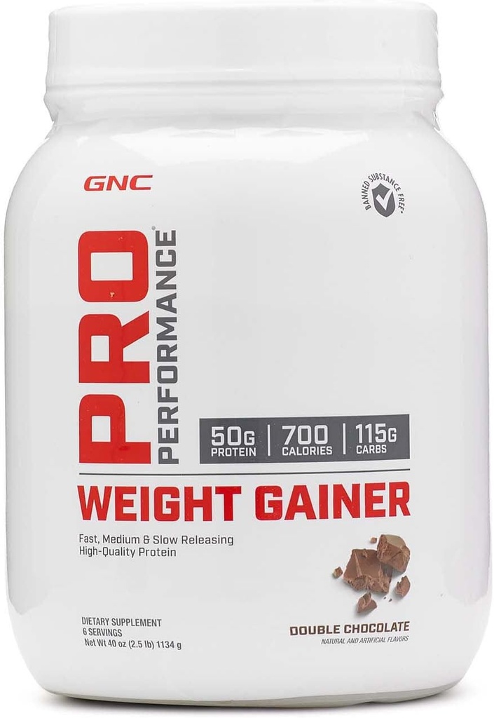 GNC Pro Performance Weight Gainer Protein Powder, 50g Protein, High Calorie, 700 Calories, Supports Mass and Muscle Recovery, MCT, BCAA, 3rd Party Tested, Double Chocolate, 6 Servings, 2.5 lbs