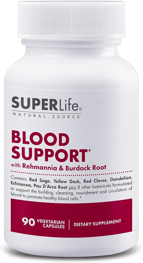 Blood Support - with Rehmannia, Dandelion, Red Clover, Burdock Yellow Dock, Echinacea & Pau D'Arco | Promotes Building, Cleansing, Nourishment & Circulation of Blood | Supplement - 90 Capsules