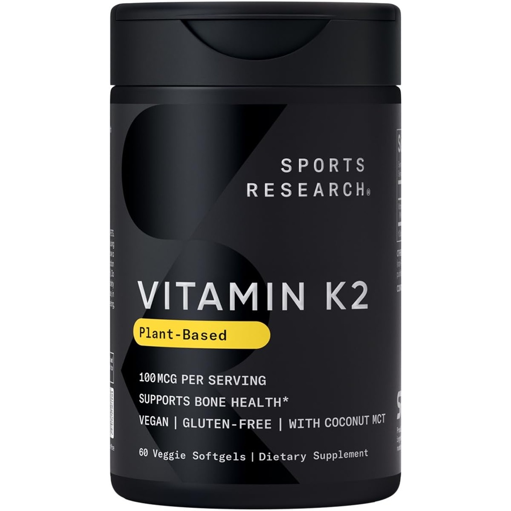 Sports Research® Vitamin K2 as MK-7 100mcg with Coconut MCT Oil - 60 Veggie Softgels (2 Month Supply) Vegan Certified, Non-GMO Verified, Gluten & Soy Free