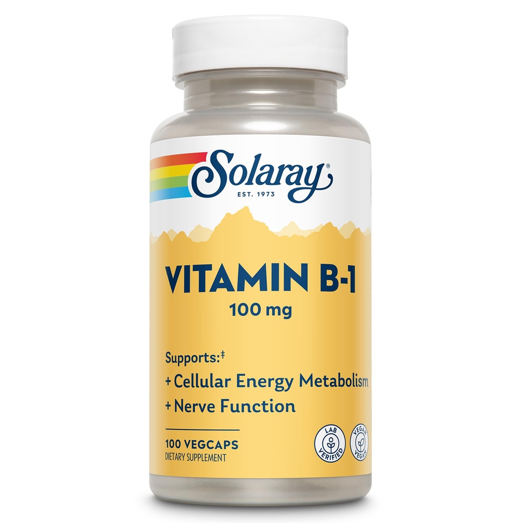 SOLARAY Vitamin B-1 100 mg | Healthy Energy Metabolism, Skin, Brain, Heart & Nervous System Support | 100 VegCaps