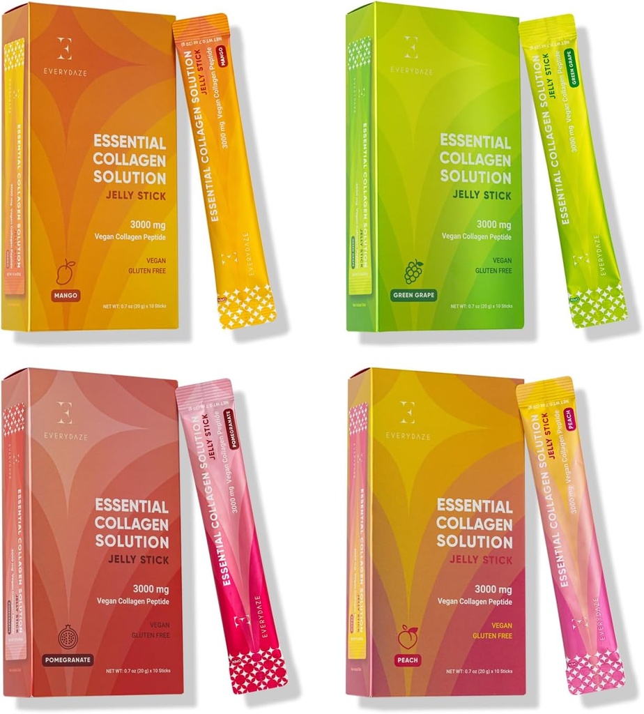 EVERYDAZE Essential Collagen Solution Jelly Stick | 40 Variety Pack | Peach, Mango, Green Grape, Pomegranate | Vegan Collagen Peptide Supplement | Hair, Skin, Nail, Bone Health for Men & Women