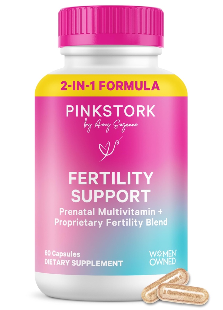 Pink Stork Fertility Supplements for Women | 2-in-1 Conception Support with Inositol, Folate + CoQ10 | Cycle Regularity, Hormone Balance + Reproductive Wellness | 60 Capsules