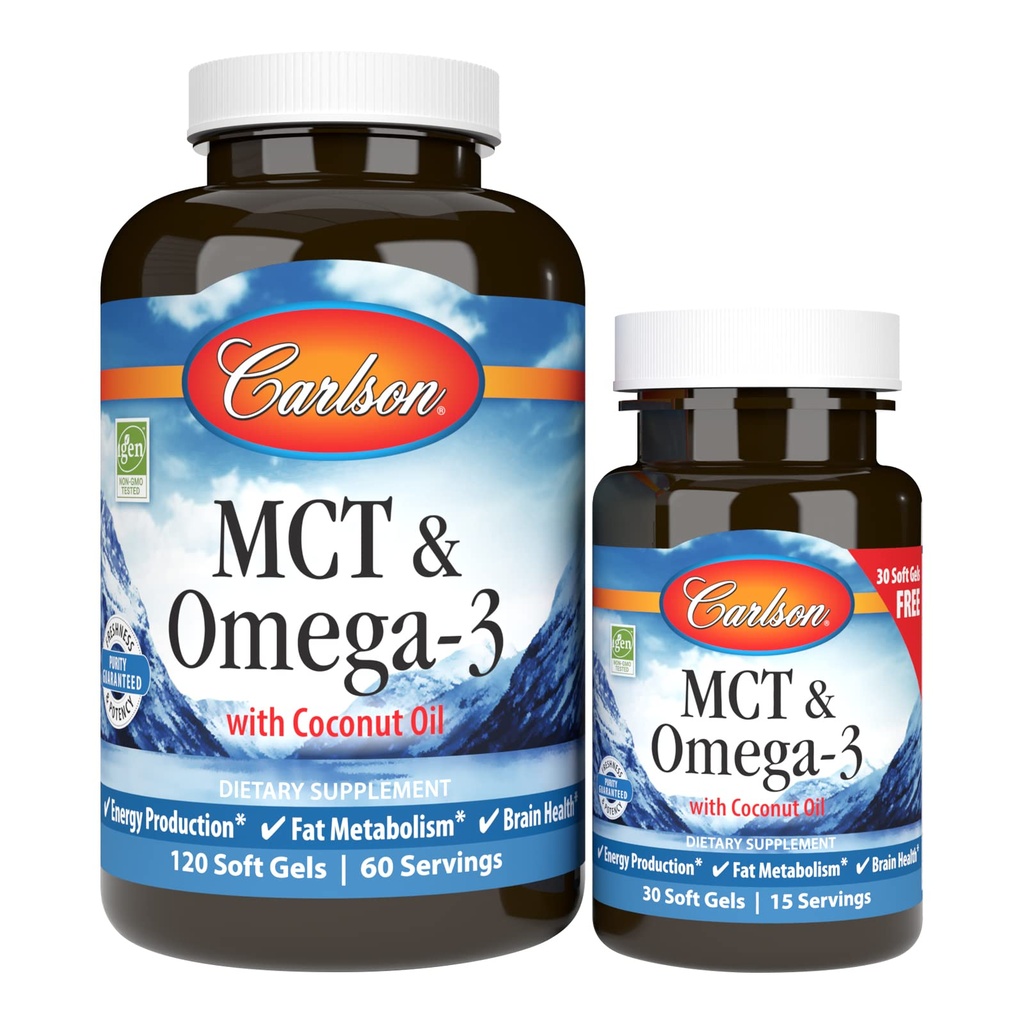 Carlson - MCT & Omega-3, Coconut Oil, Caprylic & Capric Acids, EPA & DHA, Energy Production, Fat Metabolism & Brain Health, 120+30 Softgels