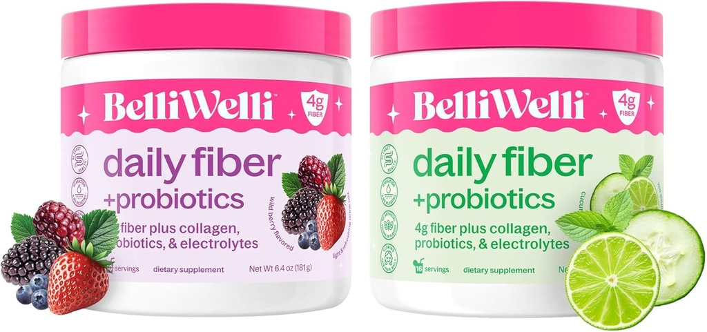 Daily Fiber Supplement Bundle with Collagen, Probiotics & Electrolytes - Supports Digestive Health, Regularity, and Skin Health – Cucumber Lime Mint & Wild Berry Flavors – 32 Servings Total