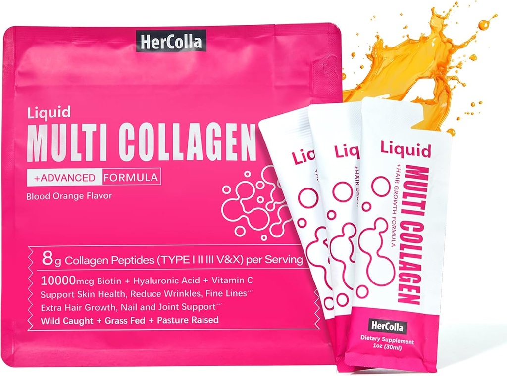 Liquid Collagen for Women, 10000mcg Biotin, 8000mg Multi Type Collagen Peptides, Hyaluronic Acid, Vitamin C, Skin, Nail, Hair Supplement, Orange Flavor, 10 Fl oz. (1 Pack, Orange)
