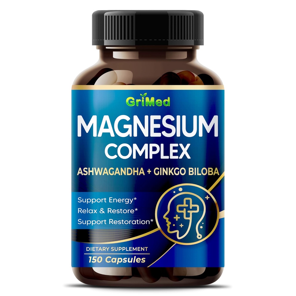 GriMed Magnesium Complex Capsules with Ashwagandha, Ginkgo Biloba & Black Pepper, Relaxation and Daily Wellness Support, 150 Count
