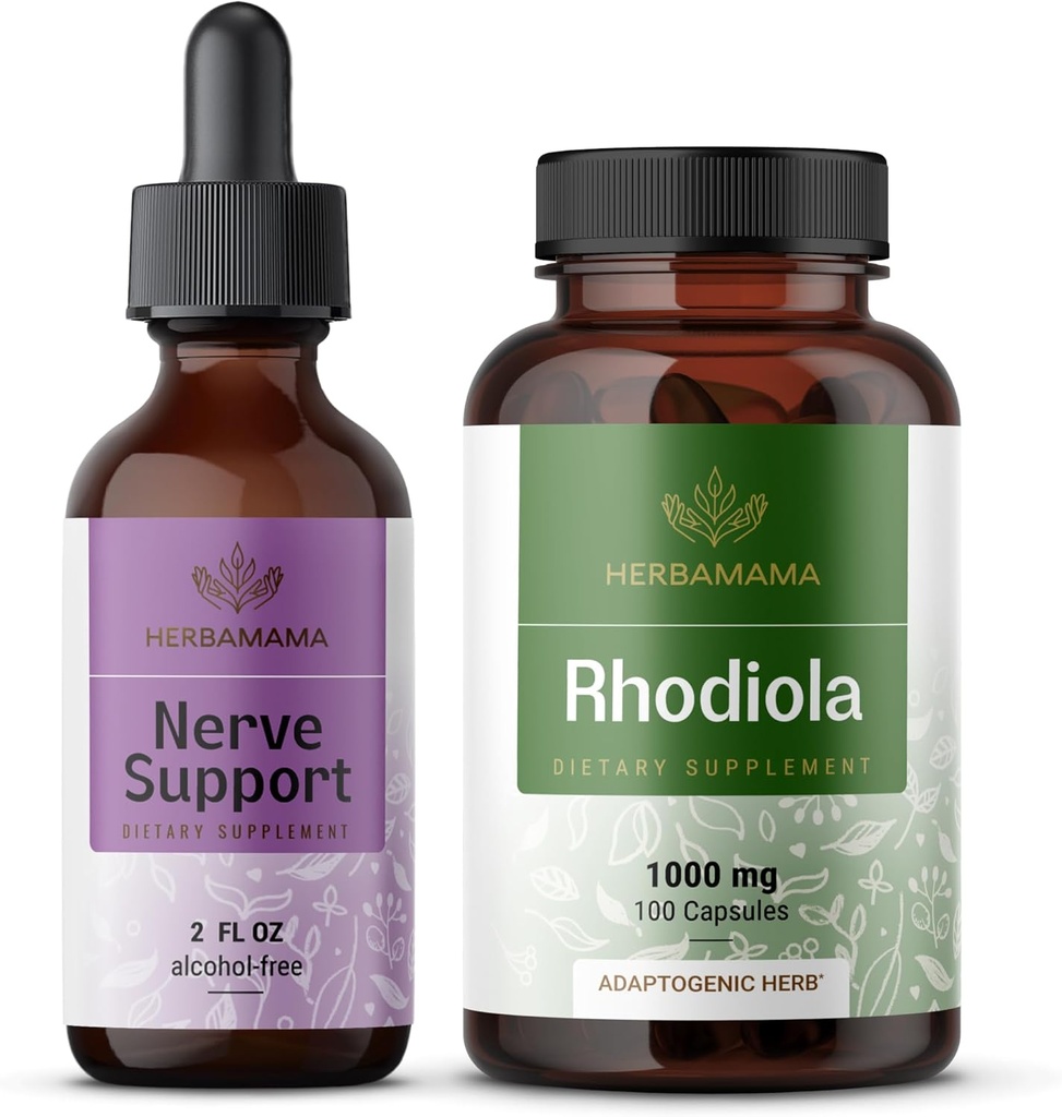 HERBAMAMA Nerve Support and Rhodiola Kit - Bundle of Nerve Support Liquid Complex 2 fl oz & Rhodiola Rosea Capsules - Vegan, Non-GMO, Sugar & Alcohol-Free, 2 Pack