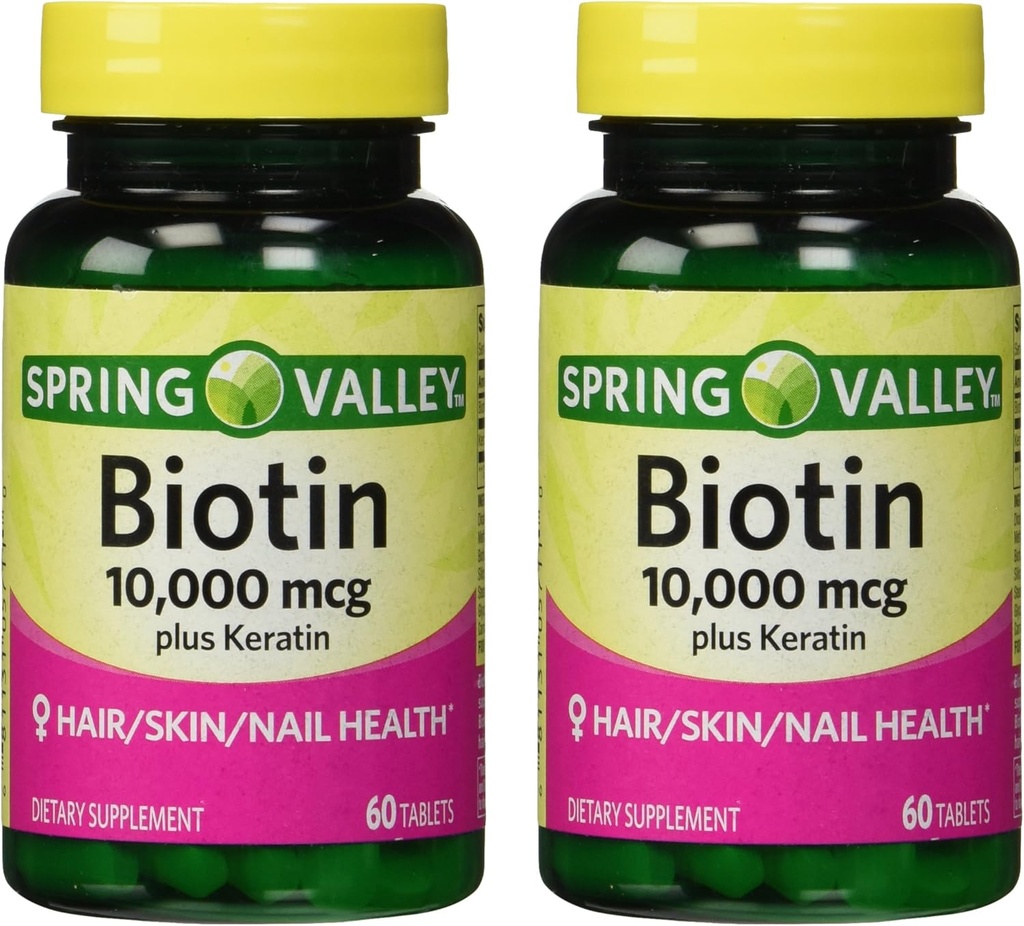 Spring Valley 10000mcg Biotin with 100mg Keratin Dietary Supplement, 60 Count (Pack of 2)