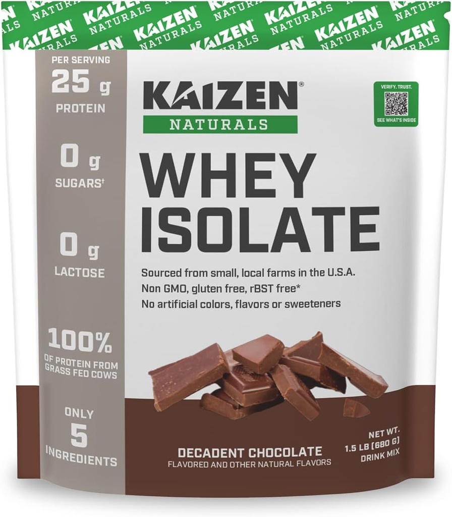 Whey Isolate | Chocolate | 25g Protein | Grass fed | No Artificial Ingredients | Only 5 Ingredients | Fast Absorption | See the Test Results | 0g Lactose | Gluten Free | Non GMO | 1.5lb | 22 servings